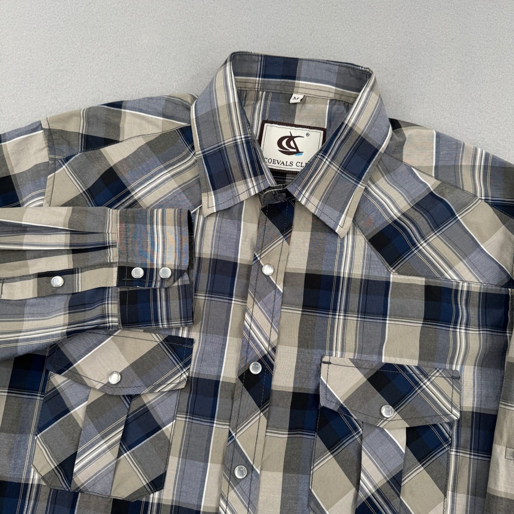 Coevals Club Mens Western Pearl Snap Shirt Plaid Blue/Gray Long Sleeve Medium